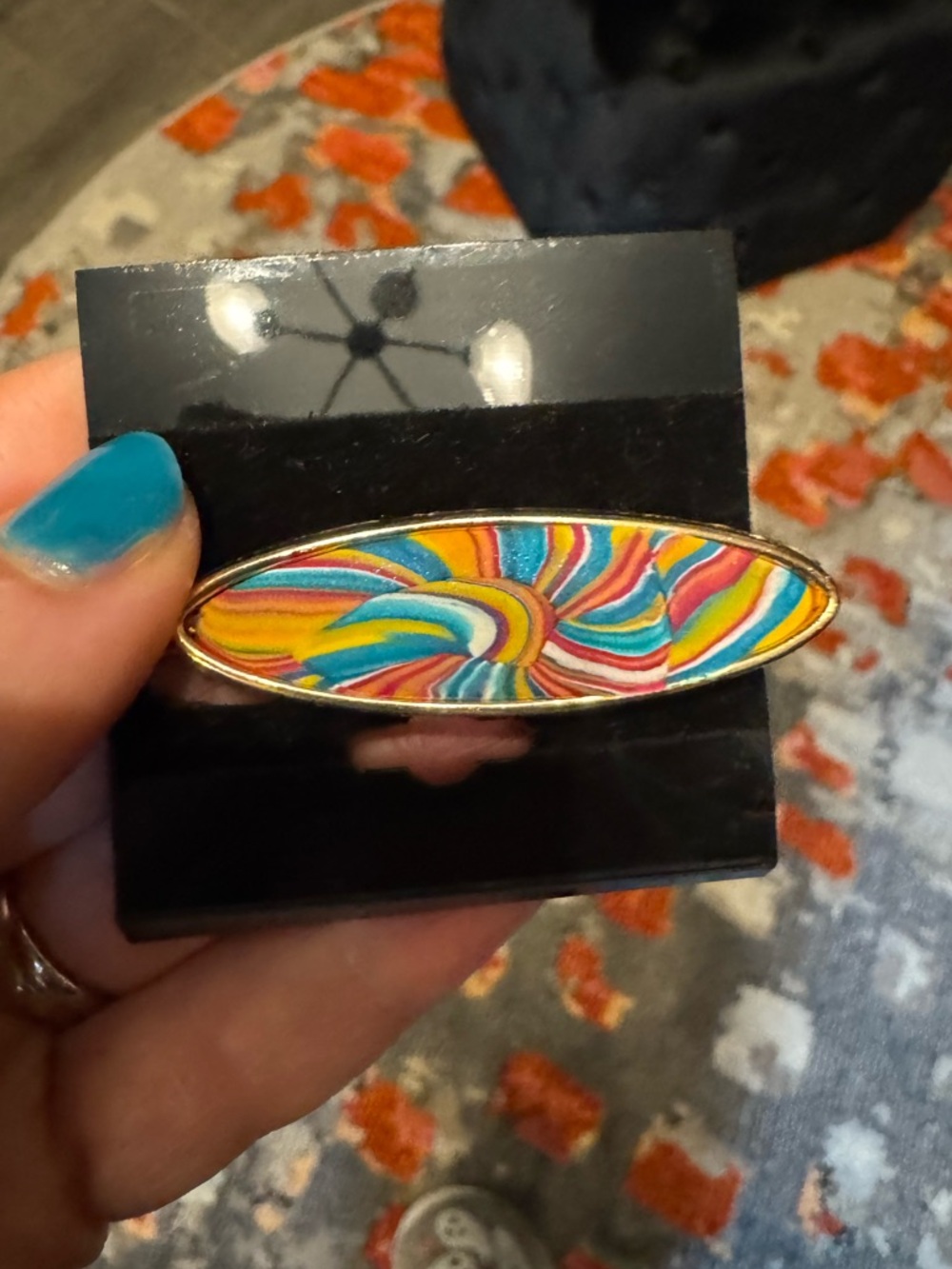 Unique 70’s Multicolor Swirl Enamel Oval Hair Barrette - Vibrant Rainbow 🌈